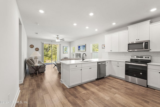 kitchen featuring a wealth of natural light, sink, stainless steel appliances, light hardwood / wood-style flooring, and kitchen peninsula