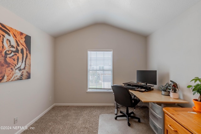 carpeted office space featuring lofted ceiling