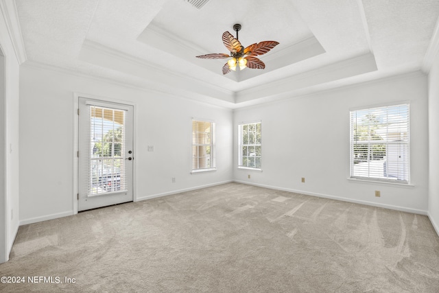 unfurnished room featuring a tray ceiling, crown molding, and ceiling fan