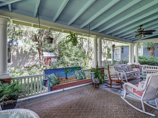 view of patio / terrace featuring ceiling fan and covered porch