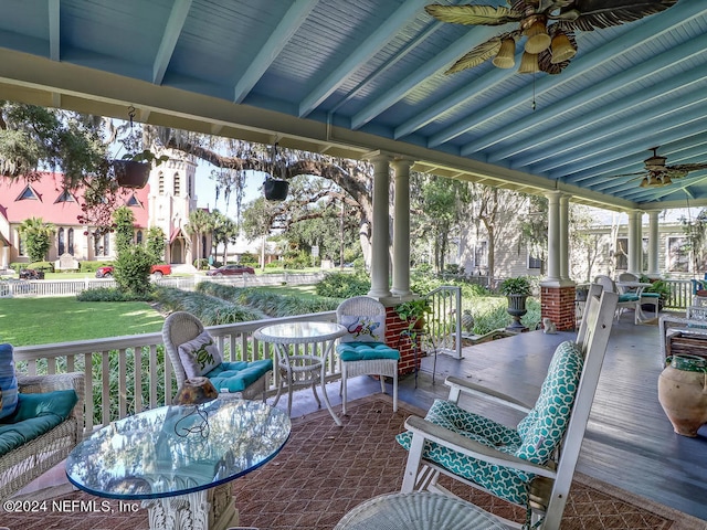 view of patio / terrace featuring ceiling fan and covered porch