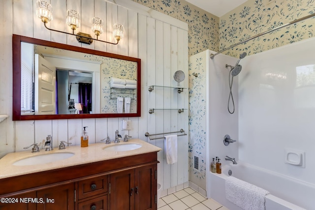 bathroom featuring shower / tub combination, vanity, and tile patterned floors