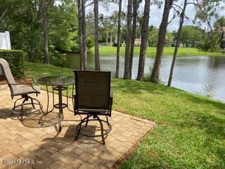 view of patio with a water view