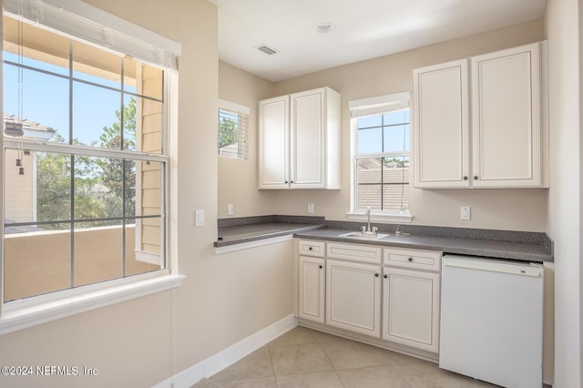 kitchen with visible vents, dishwasher, dark countertops, white cabinetry, and a sink