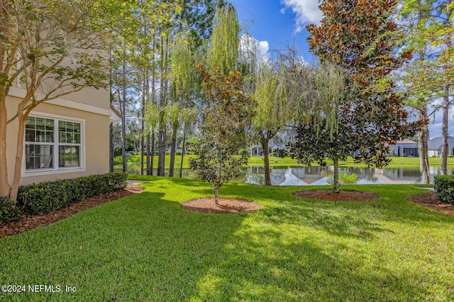 view of yard with a water view