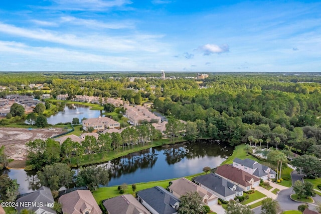 birds eye view of property featuring a water view, a residential view, and a view of trees