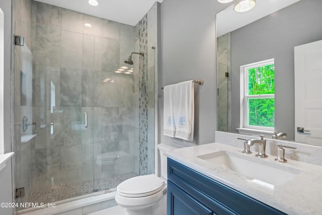 bathroom with vanity, a shower with shower door, and toilet