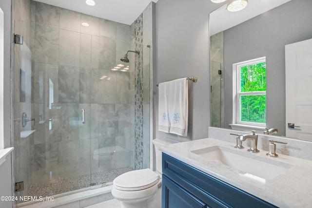 full bathroom featuring toilet, a stall shower, and vanity