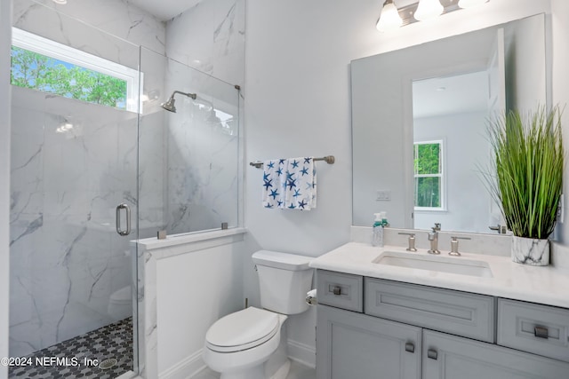 bathroom featuring plenty of natural light, vanity, an enclosed shower, and toilet