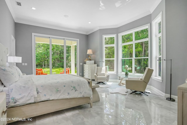 bedroom featuring access to outside and crown molding