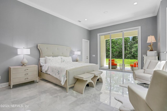 bedroom with baseboards, ornamental molding, recessed lighting, and access to exterior