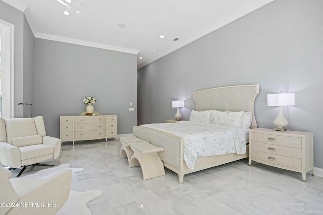 bedroom featuring ornamental molding, recessed lighting, and baseboards