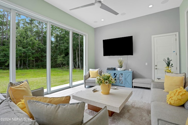 living room featuring ceiling fan, plenty of natural light, and light wood-type flooring