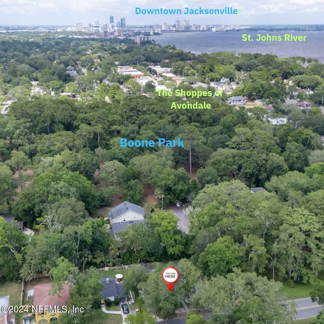 birds eye view of property featuring a water view