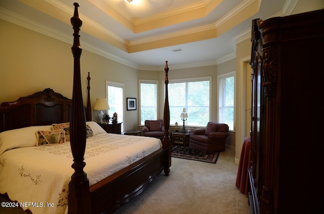 carpeted bedroom featuring a tray ceiling and crown molding