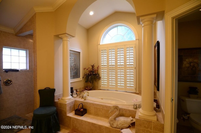 bathroom with toilet, vaulted ceiling, a wealth of natural light, and decorative columns