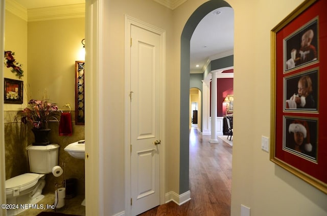 hall with dark hardwood / wood-style flooring and crown molding