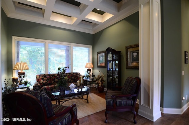 living room featuring wood-type flooring, crown molding, beamed ceiling, and coffered ceiling