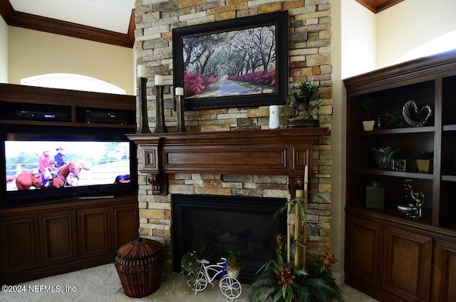 details with carpet, crown molding, and a stone fireplace