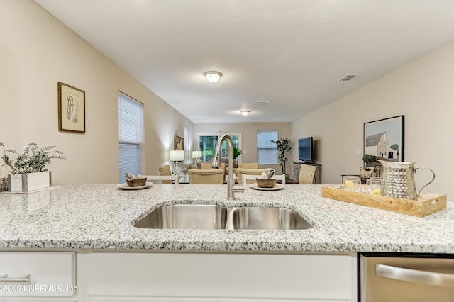 kitchen with light stone countertops, white cabinetry, stainless steel dishwasher, and sink