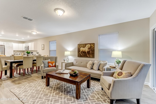 living room featuring a textured ceiling and light wood-type flooring