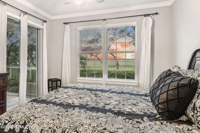 bedroom with access to exterior, ceiling fan, and crown molding