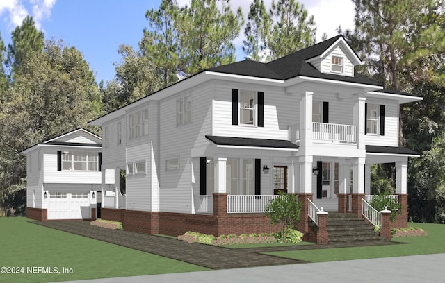 view of front of home with covered porch, a garage, and a balcony