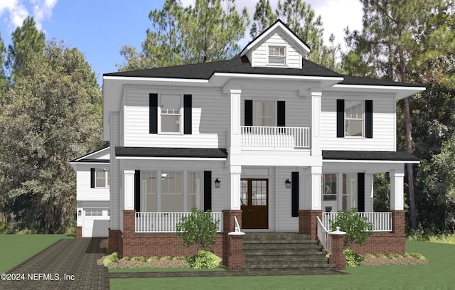 view of front of home featuring a garage, a balcony, a front lawn, and a porch