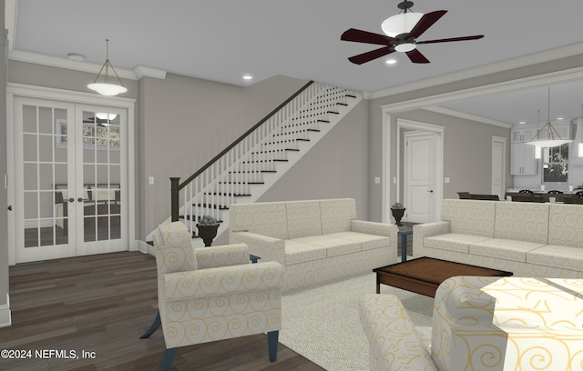 living room with dark hardwood / wood-style floors, ceiling fan, ornamental molding, and french doors