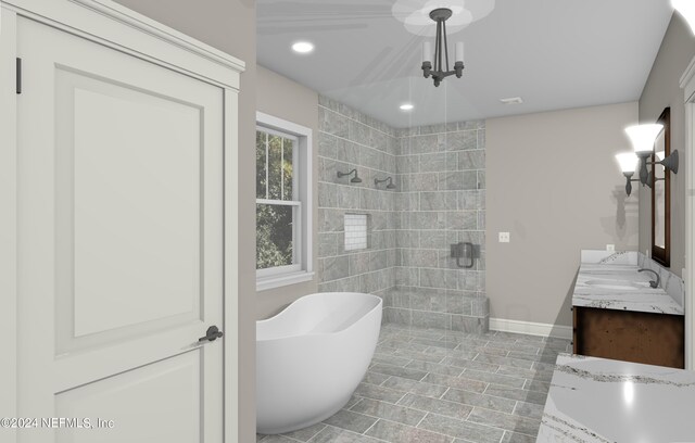 bathroom with a notable chandelier, dual vanity, separate shower and tub, and tile floors