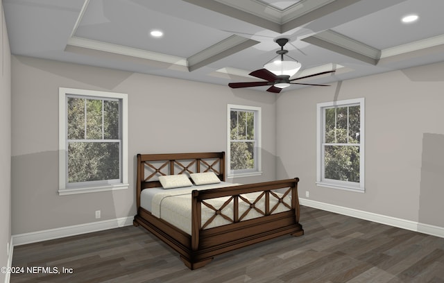 bedroom featuring ceiling fan, coffered ceiling, multiple windows, and dark hardwood / wood-style flooring