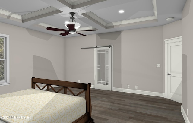 bedroom featuring coffered ceiling, ceiling fan, crown molding, a barn door, and dark wood-type flooring