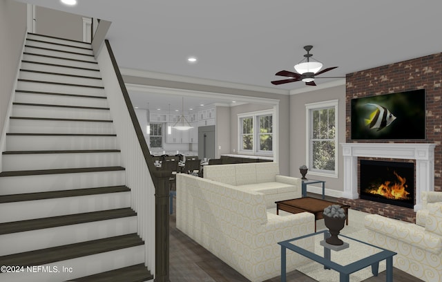 living room featuring ceiling fan, a fireplace, dark hardwood / wood-style flooring, brick wall, and ornamental molding