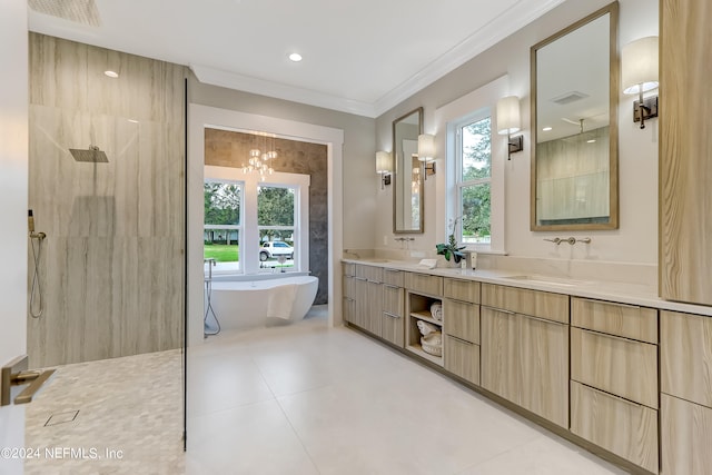 bathroom with crown molding, separate shower and tub, a notable chandelier, tile floors, and dual bowl vanity