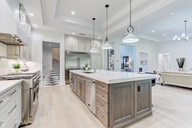 kitchen featuring pendant lighting, a raised ceiling, custom range hood, a kitchen island with sink, and appliances with stainless steel finishes