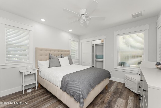 bedroom featuring multiple windows, ceiling fan, a closet, and dark wood-type flooring