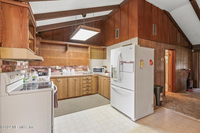 kitchen featuring high vaulted ceiling, white appliances, light tile floors, and premium range hood