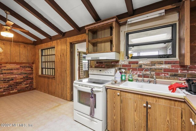 kitchen with vaulted ceiling with beams, electric stove, wood walls, ceiling fan, and light tile floors