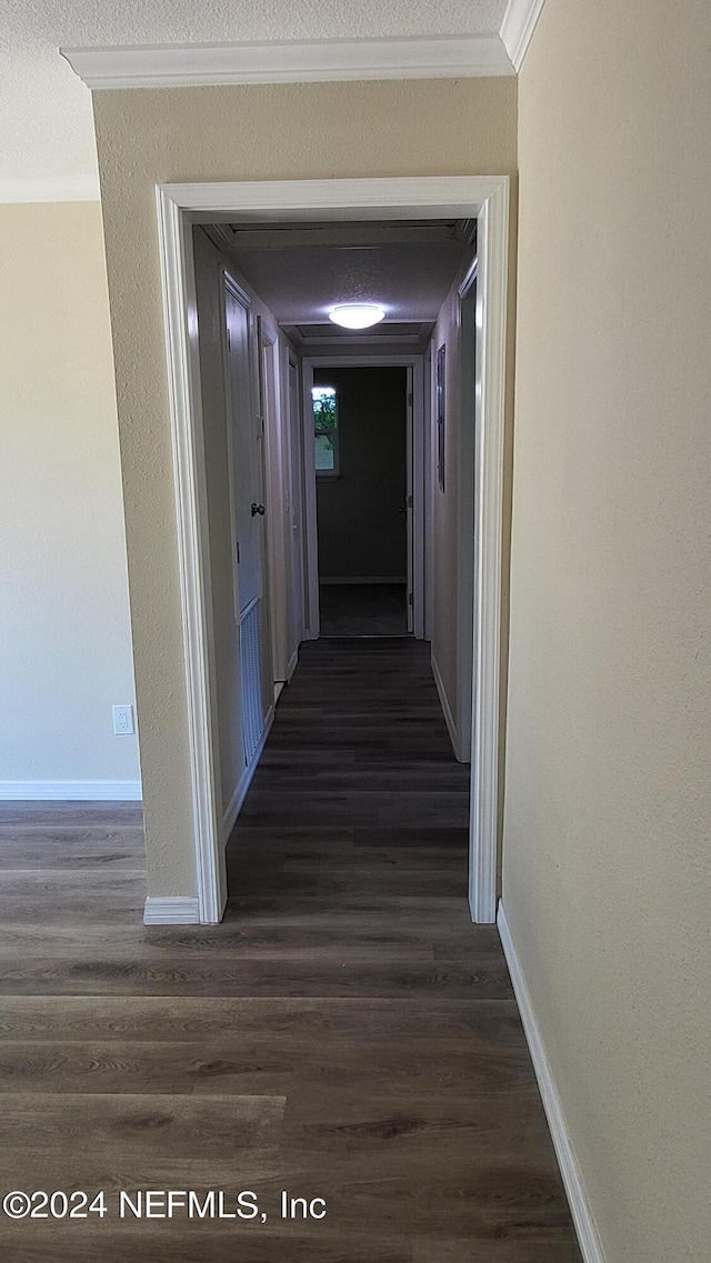 corridor with dark hardwood / wood-style floors and ornamental molding