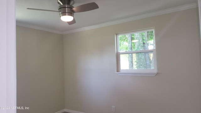 spare room with crown molding and ceiling fan