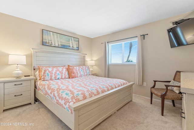 bedroom featuring light colored carpet