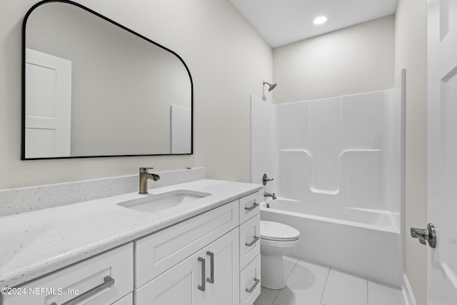 full bath featuring tile patterned flooring, toilet, recessed lighting, vanity, and shower / bathing tub combination