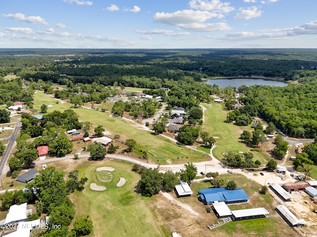 drone / aerial view featuring golf course view, a water view, and a view of trees