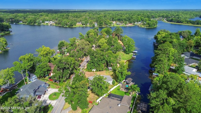 drone / aerial view with a water view and a forest view