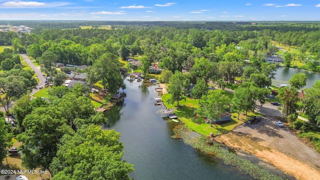 aerial view featuring a water view and a view of trees