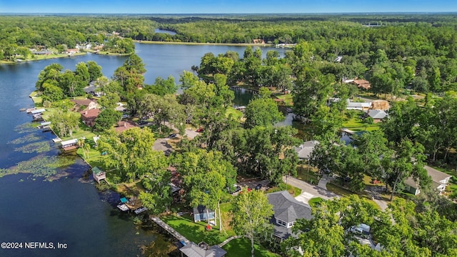 aerial view featuring a water view and a wooded view