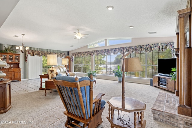 carpeted living room featuring lofted ceiling, visible vents, a textured ceiling, and tile patterned floors