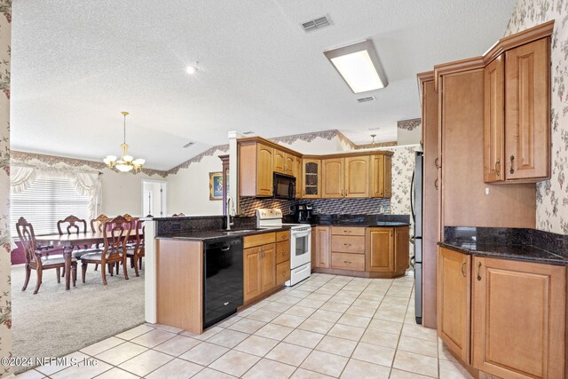 kitchen with light tile floors, black appliances, backsplash, a notable chandelier, and vaulted ceiling