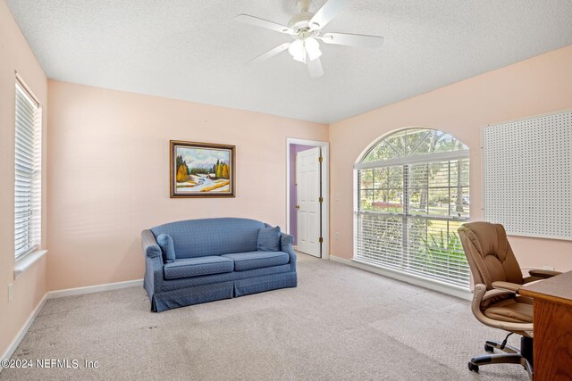 office featuring a healthy amount of sunlight, a textured ceiling, carpet flooring, and ceiling fan