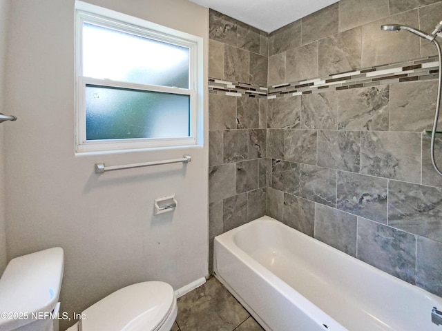 full bath featuring shower / tub combination, toilet, and baseboards